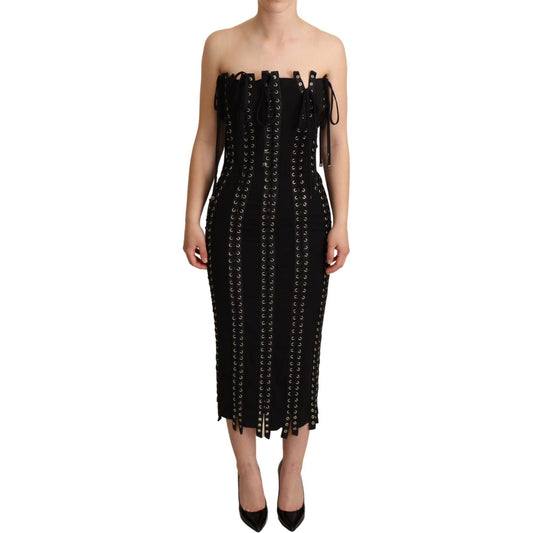 Dolce & Gabbana | Black Cady Sleeveless Lace Up Bodycon Dress | McRichard Designer Brands