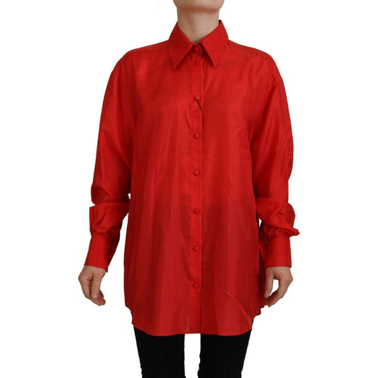 Dolce & Gabbana | Red Silk Collared Long Sleeves Dress Shirt Top - McRichard Designer Brands