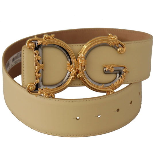 Dolce & Gabbana | Beige Wide Waist Leather DG Logo Baroque Buckle Belt - McRichard Designer Brands