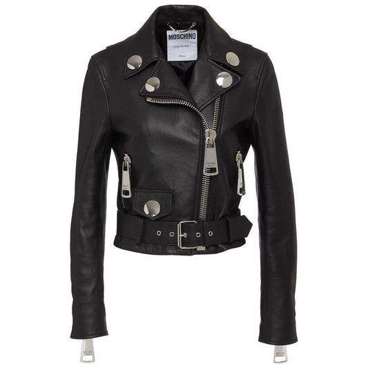 Moschino Couture | Black Leather Di Pecora Jackets & Coat | McRichard Designer Brands