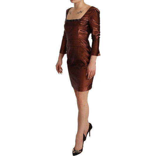 GF Ferre | Metallic Brown Long Sleeves Square Neck Sheath Dress | McRichard Designer Brands