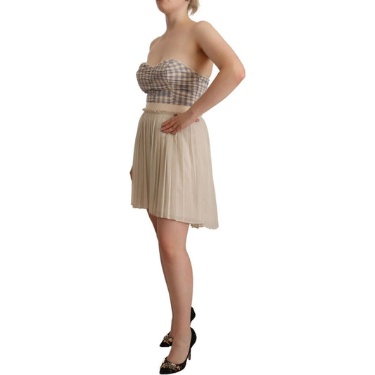 Guess | Beige Checkered Pleated A-line Strapless Bustier Dress WOMAN DRESSES | McRichard Designer Brands