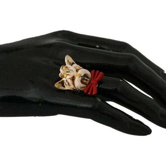 Dolce & Gabbana | Beige Dog Pet Branded Accessory Gold Brass Resin Ring Ring | McRichard Designer Brands
