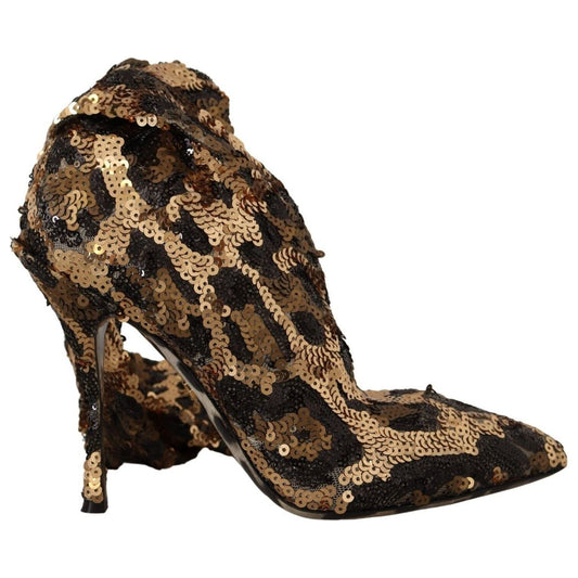Dolce & Gabbana | Gold Leopard Sequins Heels Boots Shoes  | McRichard Designer Brands