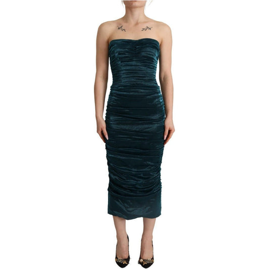 Dolce & Gabbana | Turquoise Bustier Bodice Draped Midi Dress  | McRichard Designer Brands