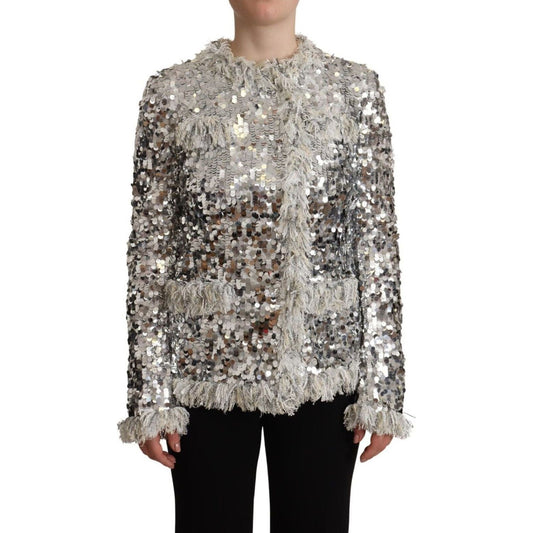 Dolce & Gabbana | Silver Sequined Shearling Long Sleeves Jacket | McRichard Designer Brands