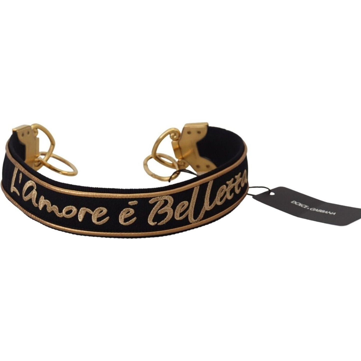 Dolce & Gabbana | Black Gold Logo Print Brass Bag Shoulder Strap - McRichard Designer Brands