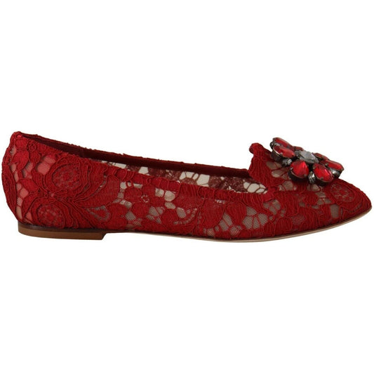 Dolce & Gabbana | Red Lace Crystal Ballet Flats Loafers Shoes  | McRichard Designer Brands