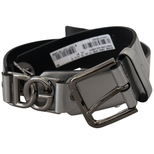 Dolce & Gabbana | Metallic Silver Leather DG Logo Metal Buckle Belt  | McRichard Designer Brands