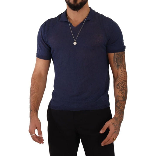 Daniele Alessandrini | Navy Blue Linen Collared T-shirt | McRichard Designer Brands